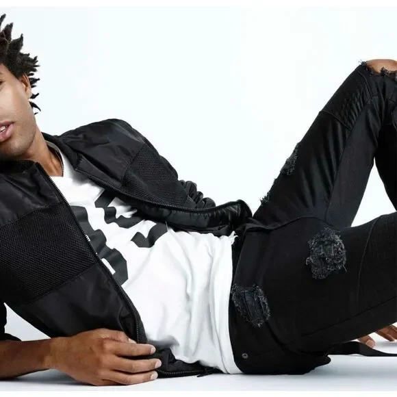 Gap + Stampd + GQ Size 33x30 Mens Black Moto Distressed Black Denim Jeans Button - Picture 2 of 9